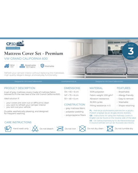 Set of grey mattress fabric covers – custom-fit for the rear bed of the VW Grand California 600